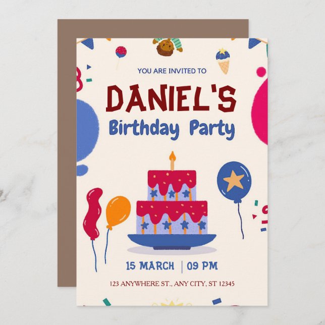 Red & Blue Modern Birthday Invitation (Front/Back)