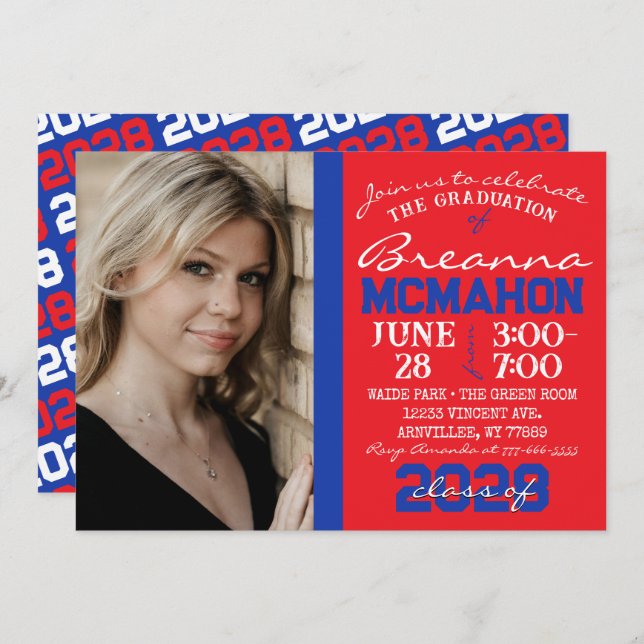 Red & Blue Modern Graduation Photo Invitation (Devant / Derrière)