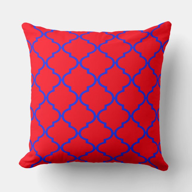 Red Blue Moroccan Quatrefoil Pattern Pillow (Front)
