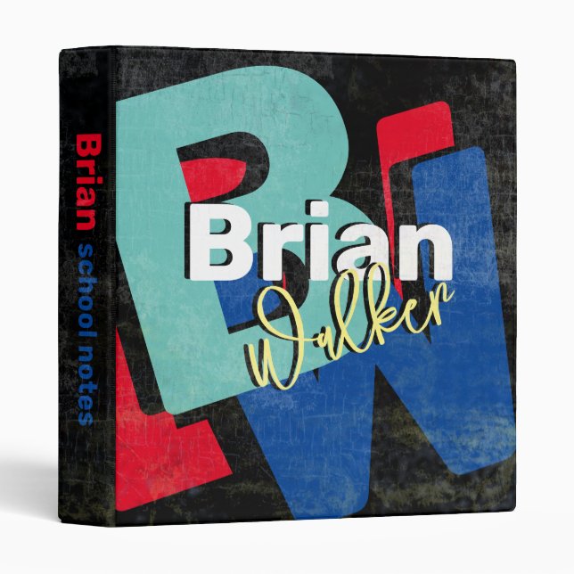 Red/Blue Name & Initials Oversized Monogram Black Binder (Front/Spine)