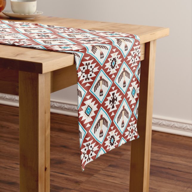 Red Blue Native American Eagle Pattern Medium Table Runner (In Situ)