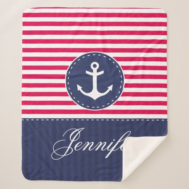 Red Blue Nautical Anchor Design Custom Name Sherpa Blanket (Front)