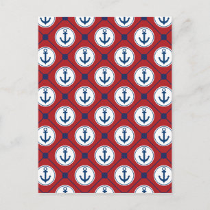 Red Blue Nautical Anchor Pattern Postcard