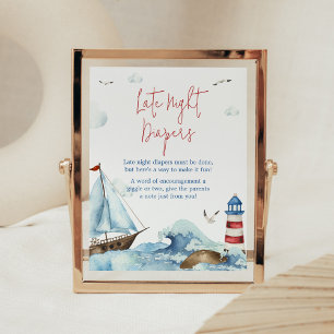 Red Blue Nautical Baby Shower Late Night Diapers Poster