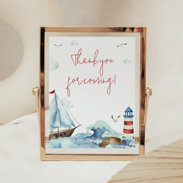 Red Blue Nautical Baby Shower Thank you for Coming Poster (Ahoy It’s A Boy Baby Shower Thank you for Coming Sign)