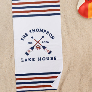 Red & Blue Nautical Oars Crab Striped Lake House Beach Towel
