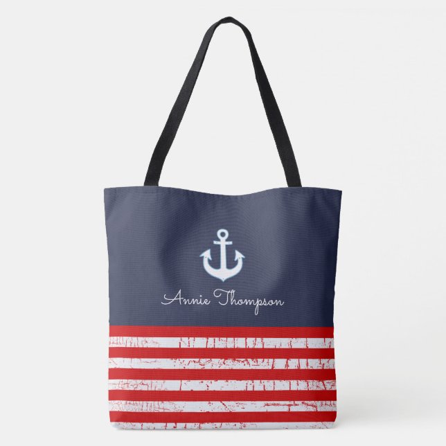 Red & Blue Navy tote bag with name & anchors (Back)