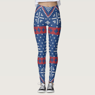 Red Blue Nordic Sweater Pattern Winter Christmas Leggings