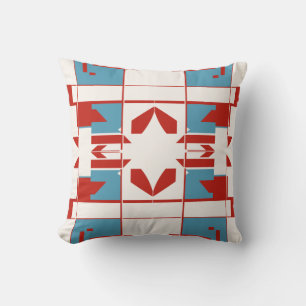 Red Blue Off-White Mediterranean Chequerboard Tile Throw Pillow