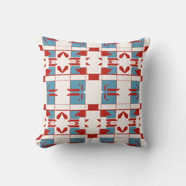 Red Blue Off-White Mediterranean Small Tile Motif Throw Pillow (Front)