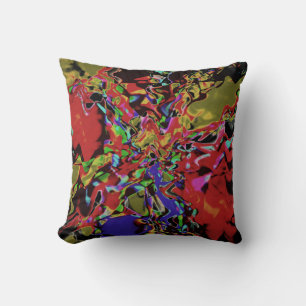 Red Blue Olive Black Yellow Abstract Flower Motif Throw Pillow