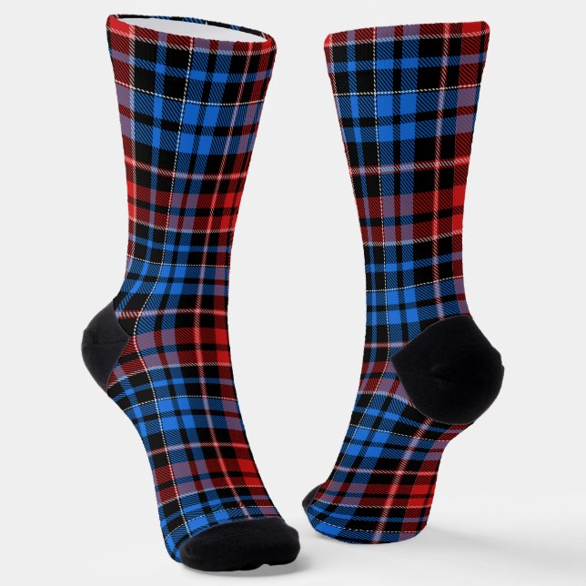 Red Blue On Black Plaid Tartan Design  Socks (Angled)