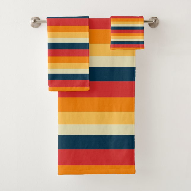 red, blue, orange and yellow stripes bath towel set (Insitu)