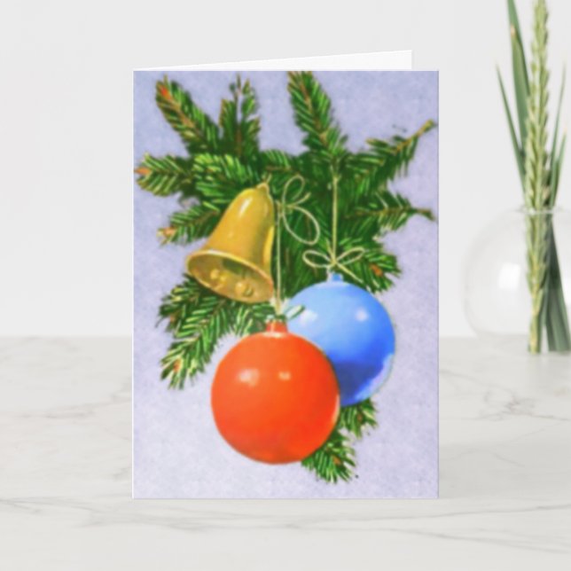 Red, Blue Ornaments And Gold Bell Greetings Card (Front)