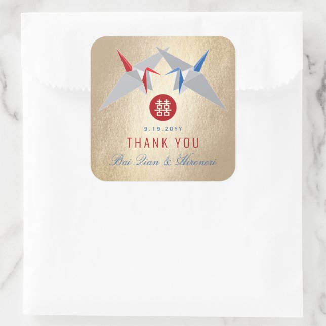 Red & Blue Paper Cranes Double Happiness Wedding Square Sticker (Bag)