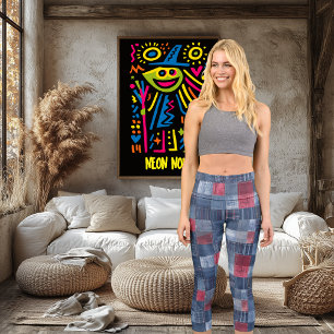 Red & Blue Patchwork Denim   Modern Rustic Pattern Capri Leggings