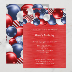 RED BLUE PATRIOTIC BALLOON BIRTHDAY INVITATION