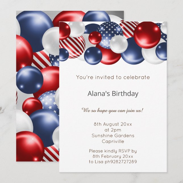 RED BLUE PATRIOTIC SILVER 2 BALLOON BIRTHDAY  INVITATION (Front/Back)