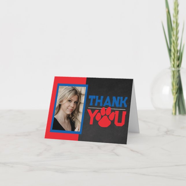 Red & Blue Paw Print Graduation 2 Photo Folding Thank You Card (Front)