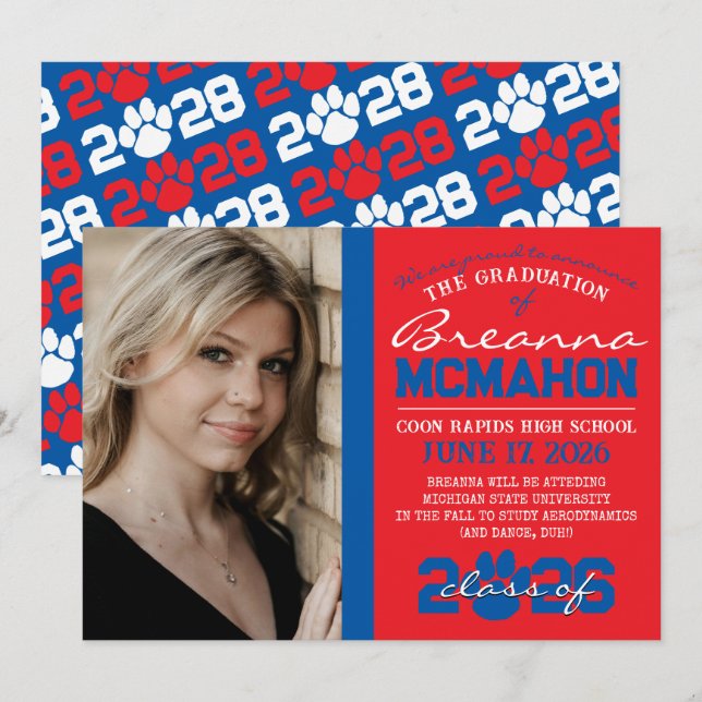 Red & Blue Paw Print Graduation Announcement (Front/Back)