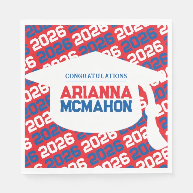 Red & Blue Personalized Graduation Cap Paper Napkin (Front)