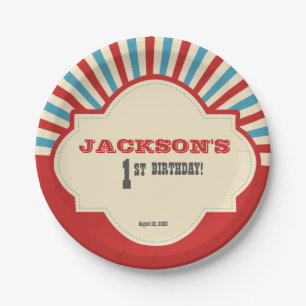 Red blue Photo circus themed 1st birthday Paper Plate