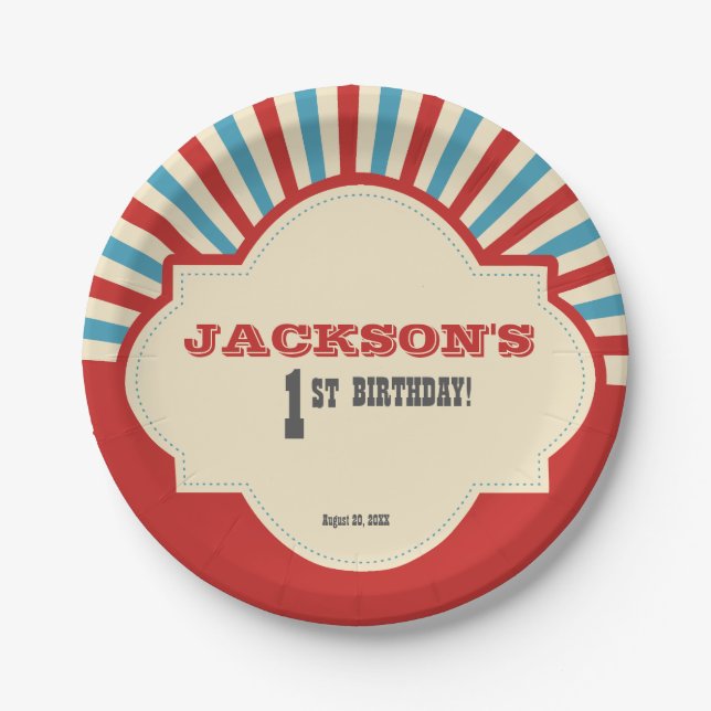 Red blue Photo circus themed 1st birthday Paper Plate (Front)