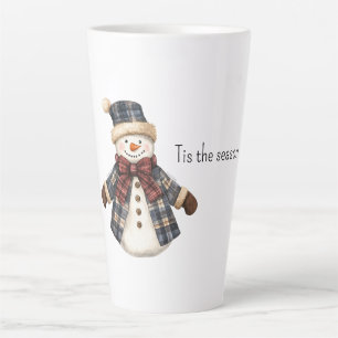Red Blue Plaid Christmas Snowman Latte Mug