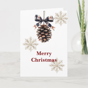 Red Blue Plaid Cream Bow Pine Cone Christmas Card