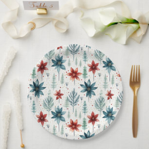Red Blue Poinsettia Winter Paper Plate
