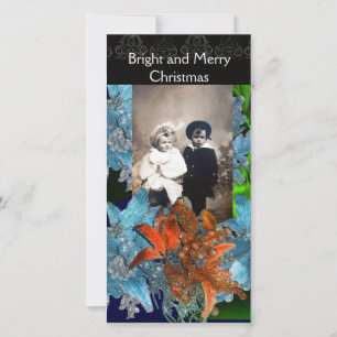 RED BLUE POINSETTIAS,CHRISTMAS STARS IN SPARKLES HOLIDAY CARD