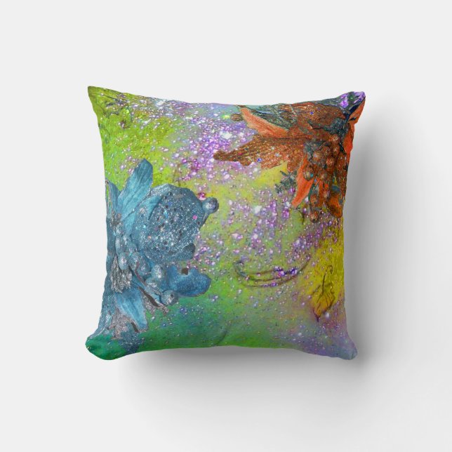 RED BLUE POINSETTIAS,XMAS STARS IN GREEN SPARKLES THROW PILLOW (Front)