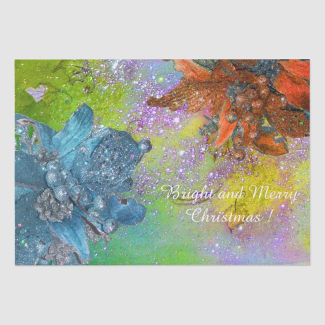 RED BLUE POINSETTIAS,XMAS STARS IN GREEN SPARKLES TISSUE PAPER (Front)
