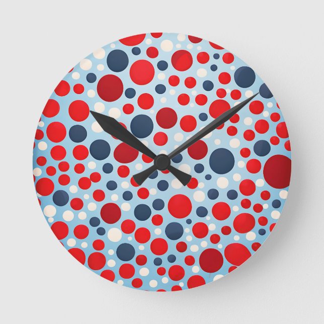 Red Blue Polka Dot Pattern Round Clock (Front)