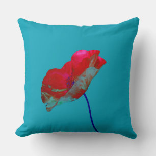 Red blue poppy on bright blue throw pillow