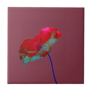 Red blue poppy on burgundy red tile