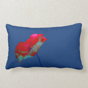 Red blue poppy on dark blue lumbar pillow