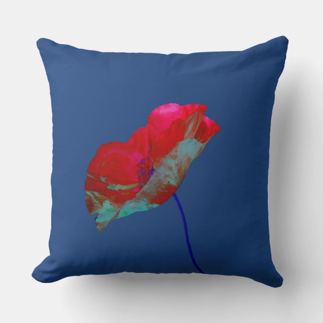 Red blue poppy on dark blue throw pillow (Front)