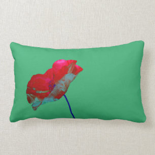 Red blue poppy on emerald green lumbar pillow