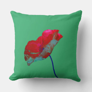 Red blue poppy on emerald green throw pillow