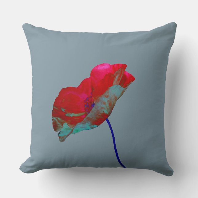 Red blue poppy on grey throw pillow (Front)