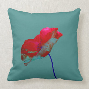 Red blue poppy on teal throw pillow