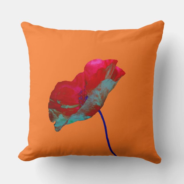 Red blue poppy on warm orange throw pillow (Front)
