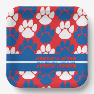 Red & Blue Repeating Pawprint Personalized Paper Plate