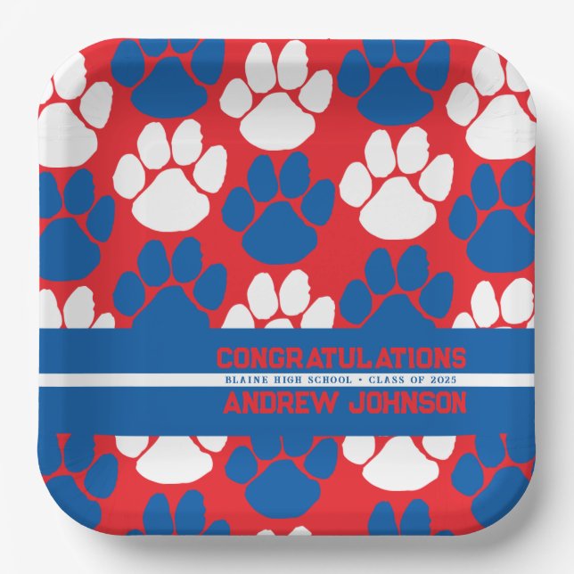 Red & Blue Repeating Pawprint Personalized Paper Plate (Front)