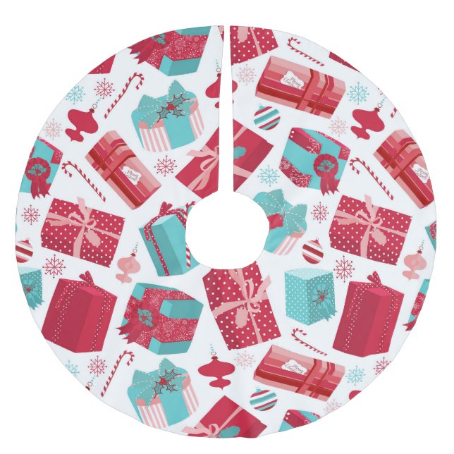 Red & Blue Retro Christmas Packages Brushed Polyester Tree Skirt (Front)