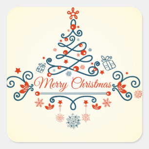 Red blue retro style Christmas tree design Square Sticker
