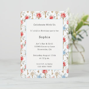 Red Blue Roses Gold Keys Birthday Invitation