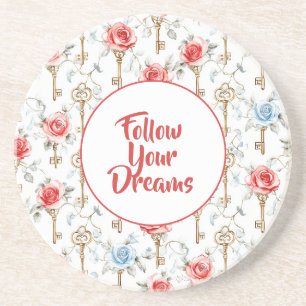 Red Blue Roses Gold Keys   Coaster