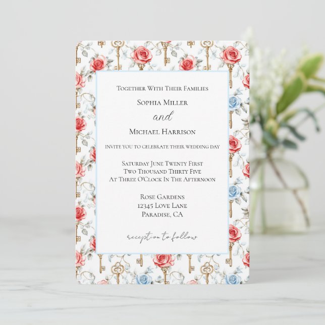 Red Blue Roses Gold Keys Wedding Invitation (Standing Front)
